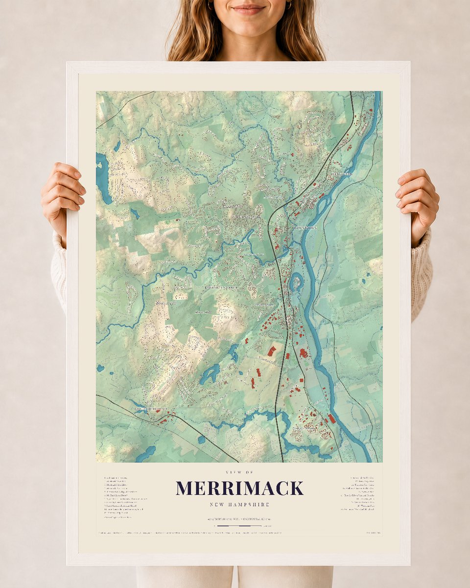 Merrimack, New Hampshire map print, 24 x 36 in white wood frame