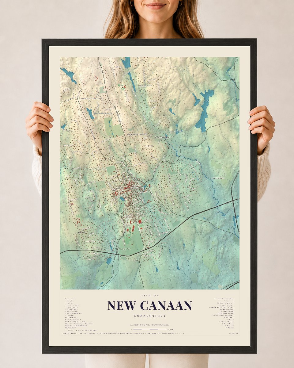New Canaan, Connecticut map print, 24 x 36 in black wood frame
