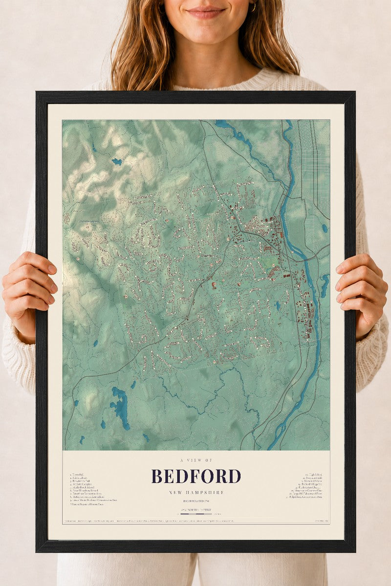 Map of Bedford, New Hampshire, 18 x 24 inch print in a black wood frame