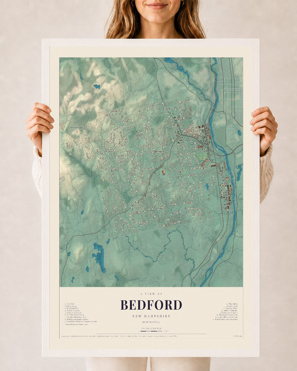 Map of Bedford, New Hampshire, 24 x 36 inch print in a white wood frame