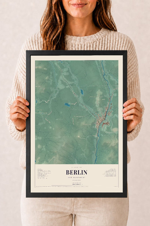 Map of Berlin, New Hampshire, 12 x 18 inch print in a black wood frame
