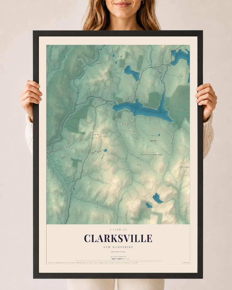 Map of Clarksville, New Hampshire, 24 x 36 inch print in a black wood frame