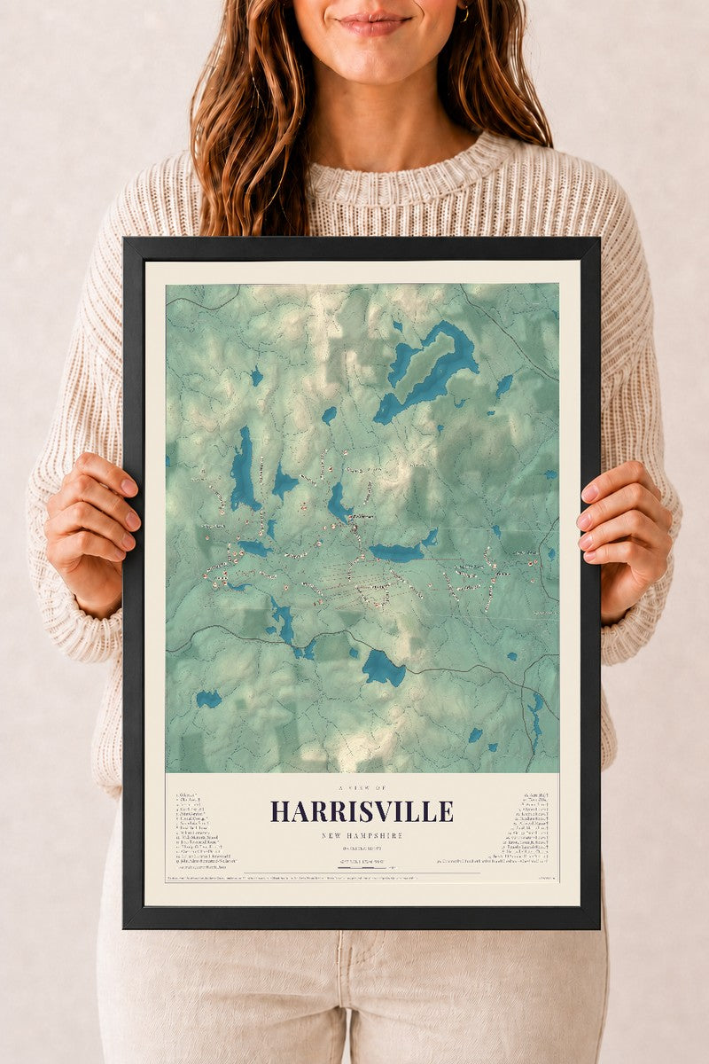 Map of Harrisville, New Hampshire, 12 x 18 inch print in a black wood frame