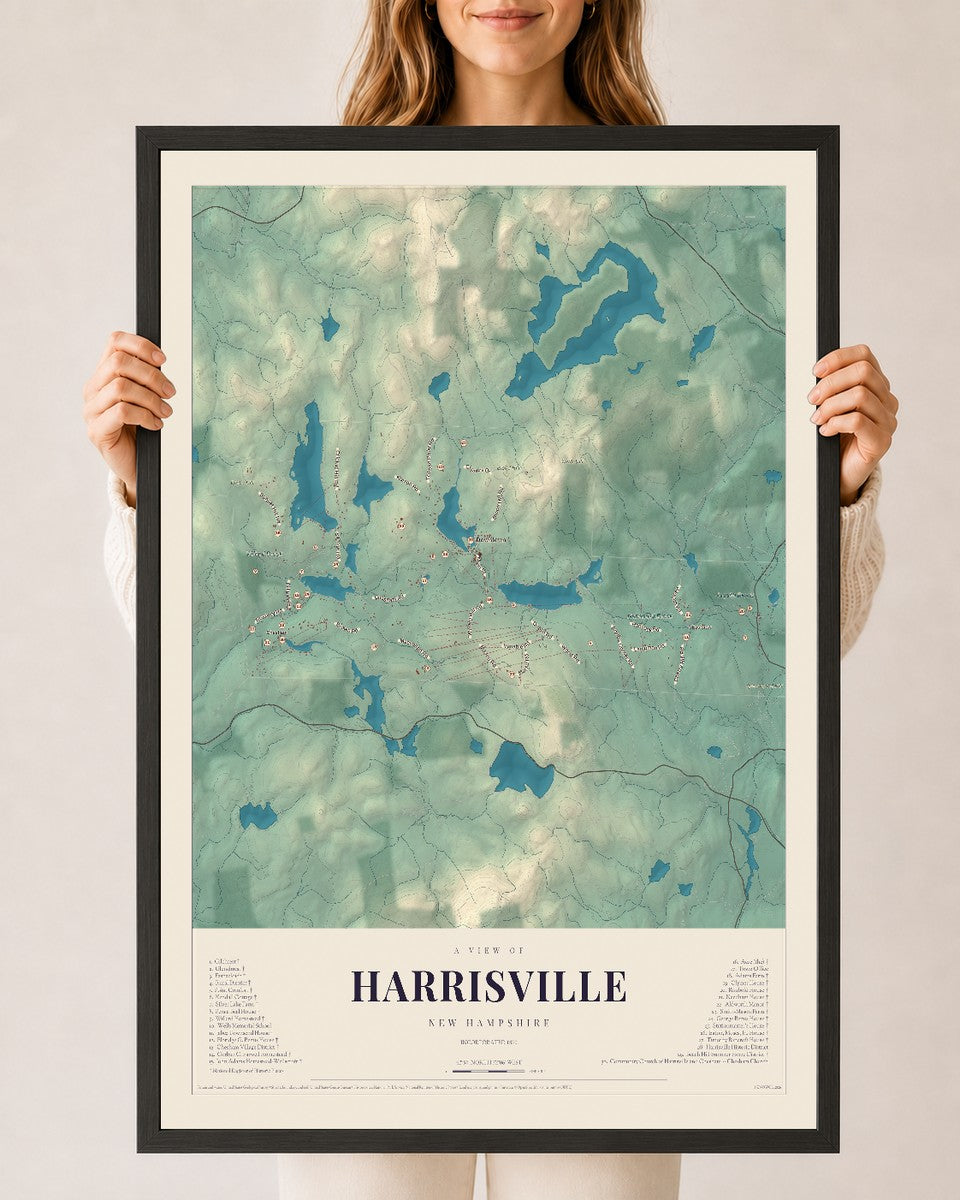 Map of Harrisville, New Hampshire, 24 x 36 inch print in a black wood frame