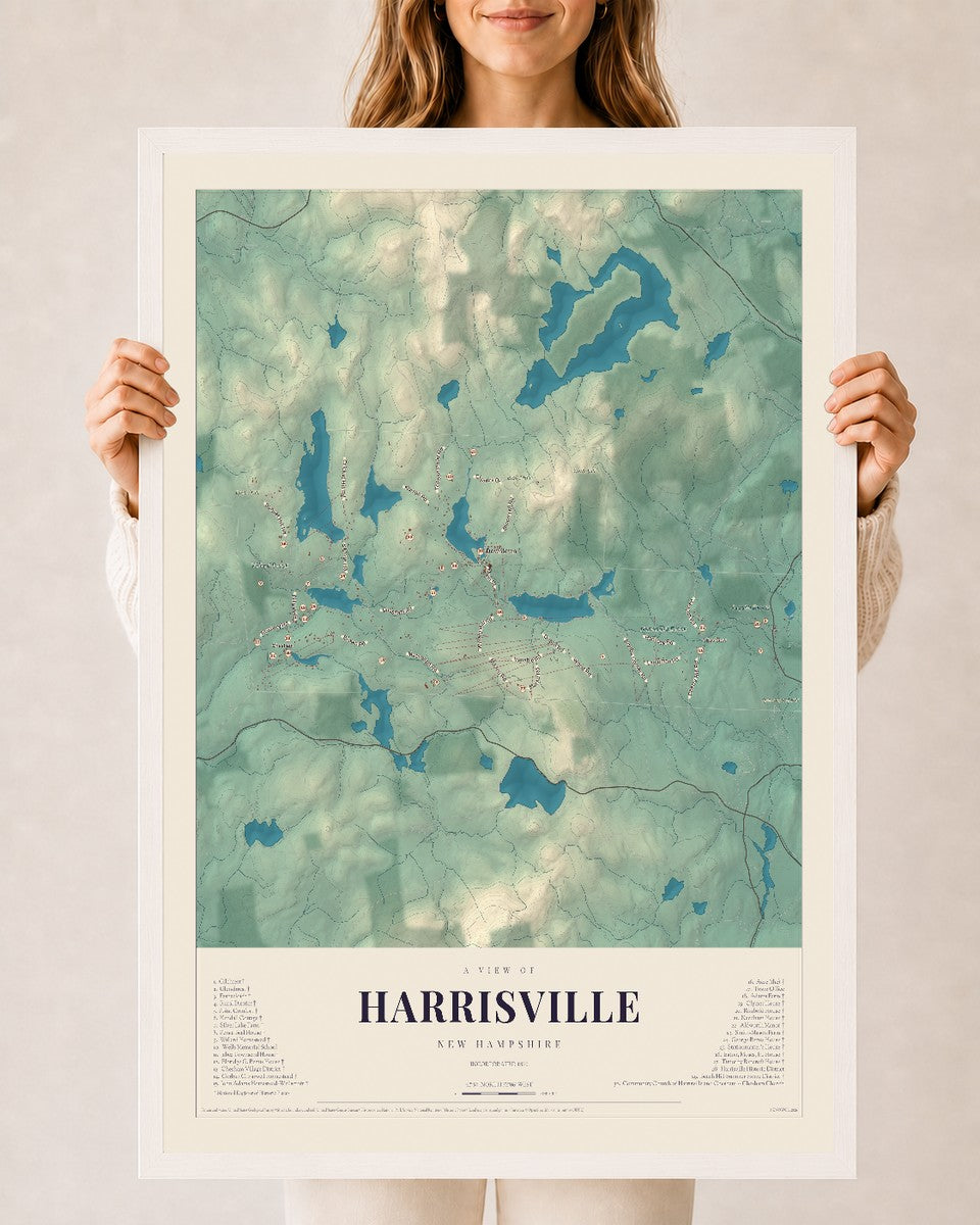 Map of Harrisville, New Hampshire, 24 x 36 inch print in a white wood frame