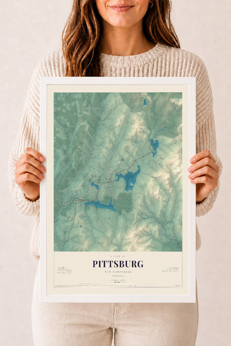 Map of Pittsburg, New Hampshire, 12 x 18 inch print in a white wood frame