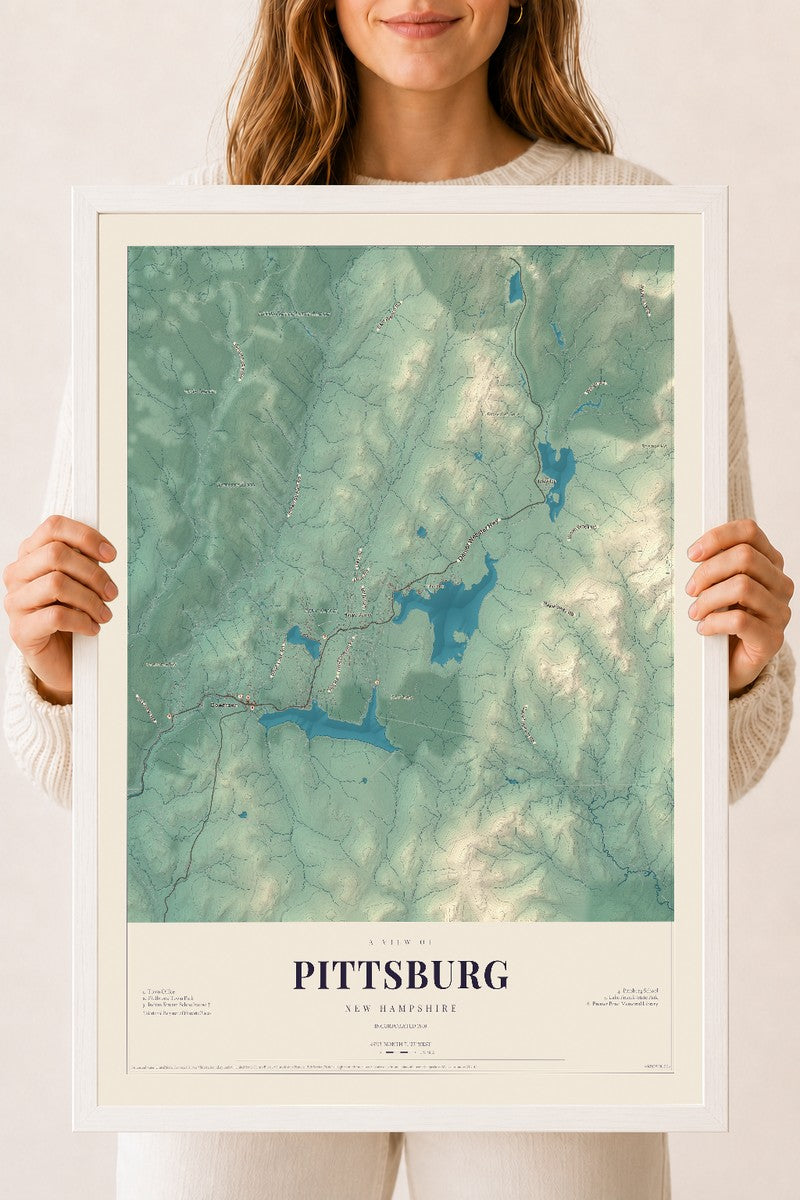Map of Pittsburg, New Hampshire, 18 x 24 inch print in a white wood frame