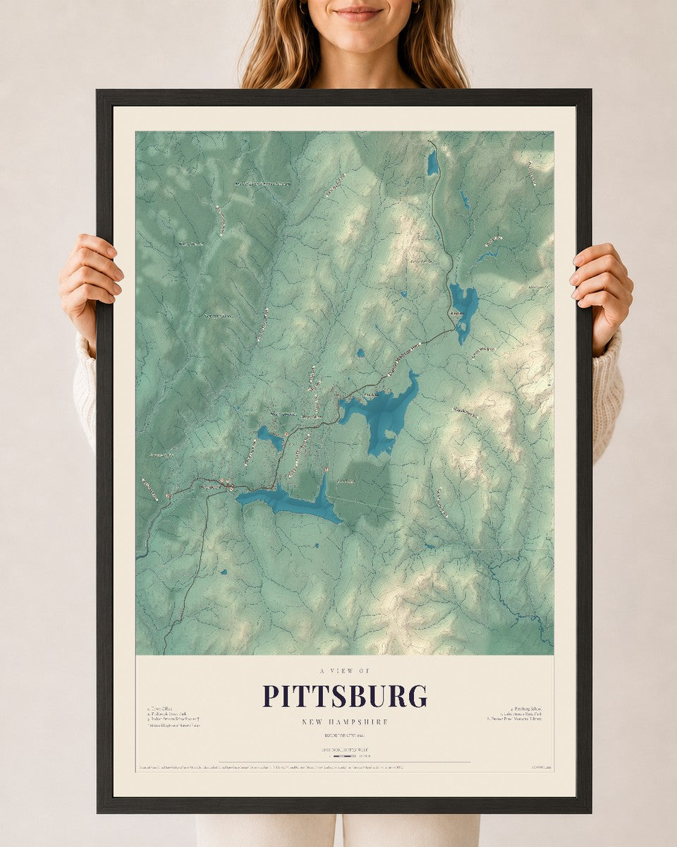 Map of Pittsburg, New Hampshire, 24 x 36 inch print in a black wood frame