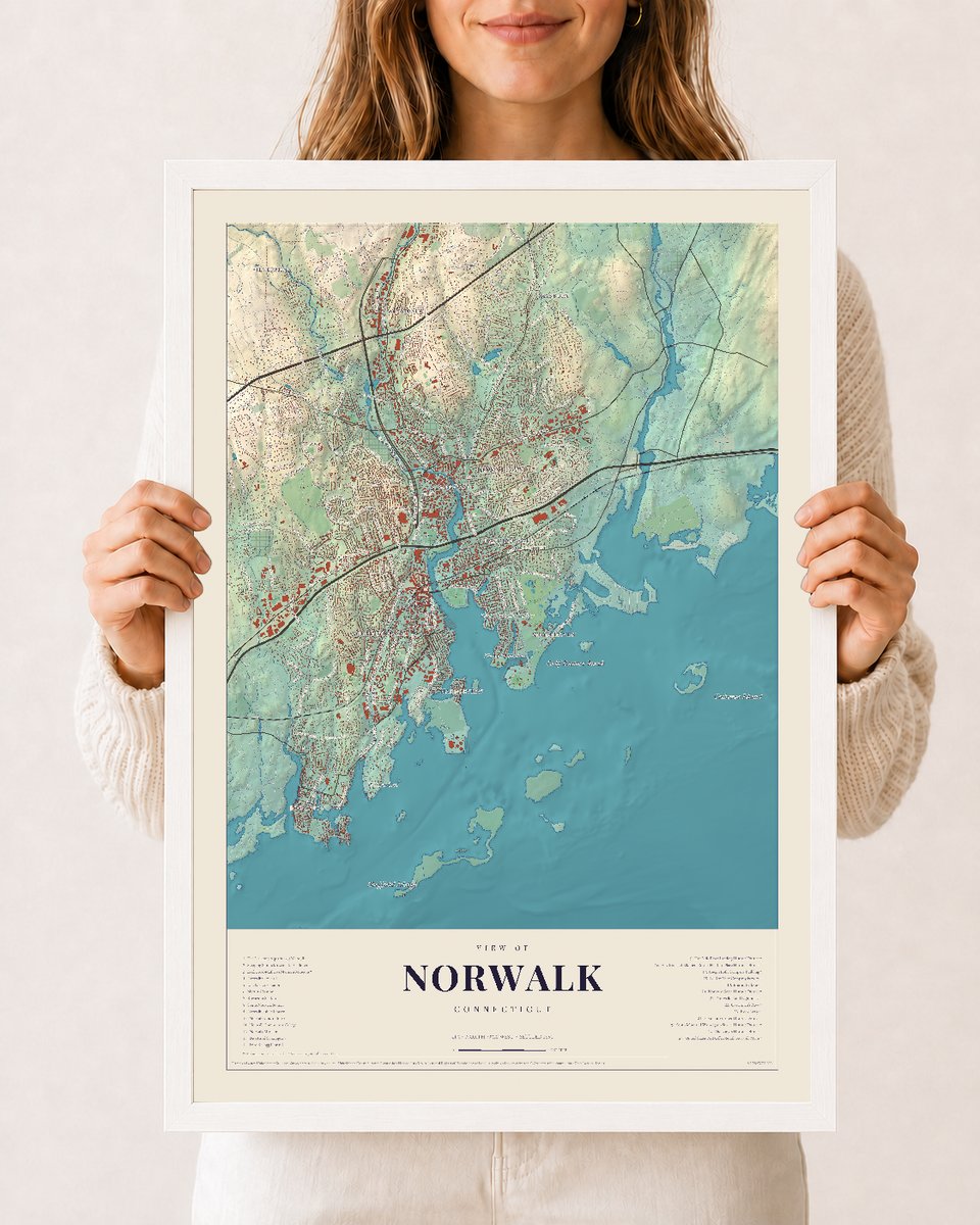 Norwalk, Connecticut map print, 12 x 18 in white wood frame