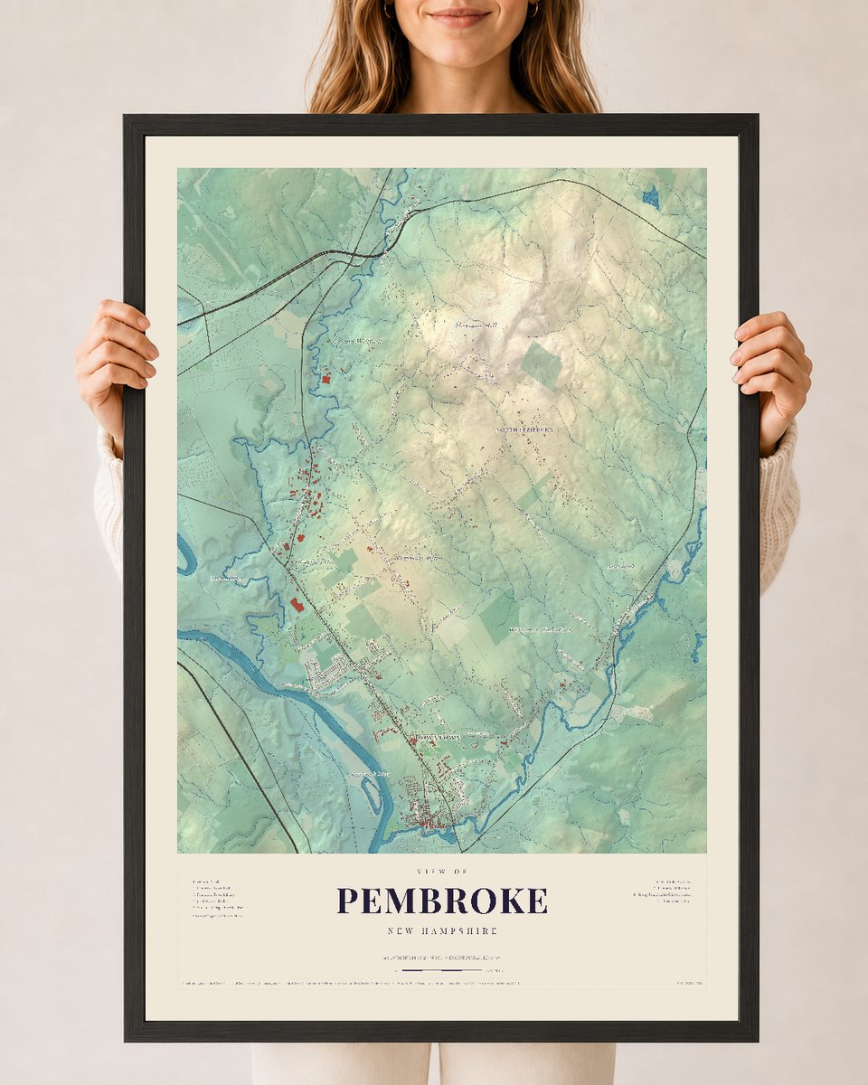 Pembroke, New Hampshire map print, 24 x 36 in black wood frame