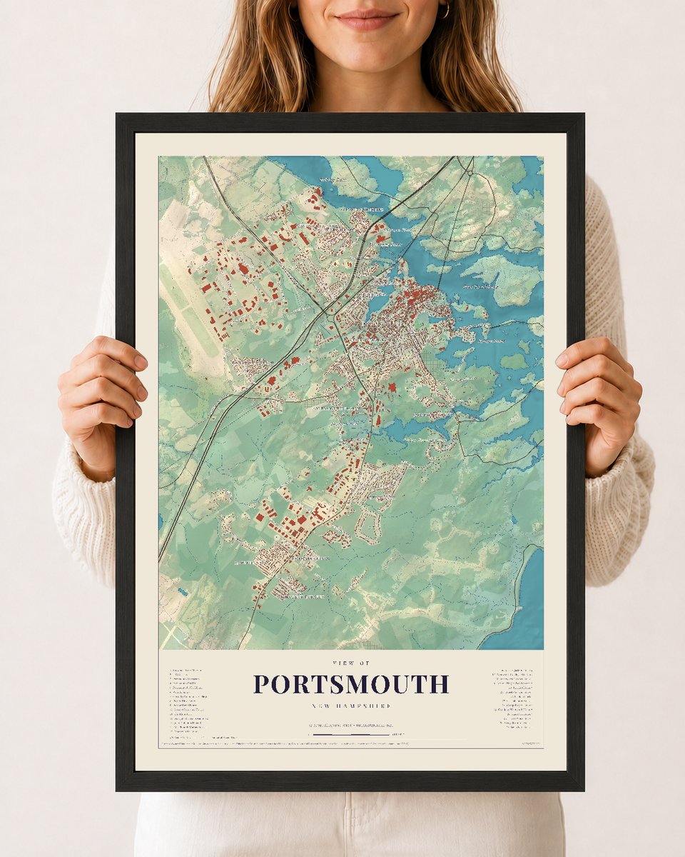 Portsmouth, New Hampshire map print, 12 x 18 in black wood frame