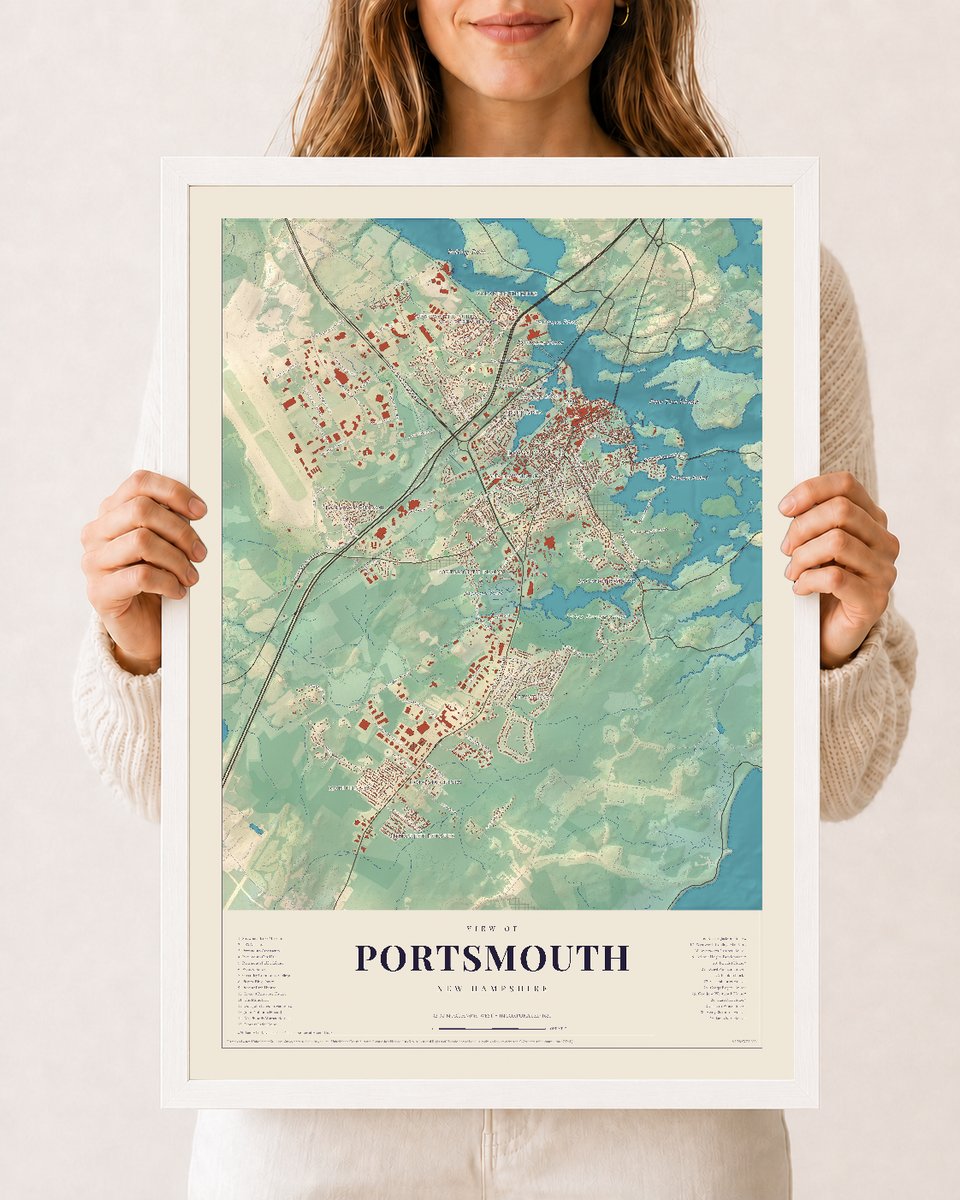 Portsmouth, New Hampshire map print, 12 x 18 in white wood frame