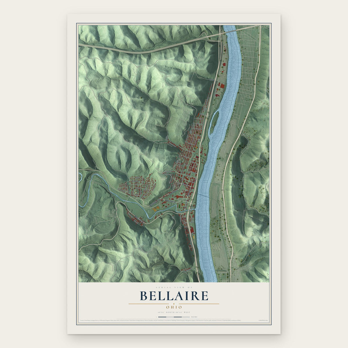 Bellaire, Ohio map print, the full design