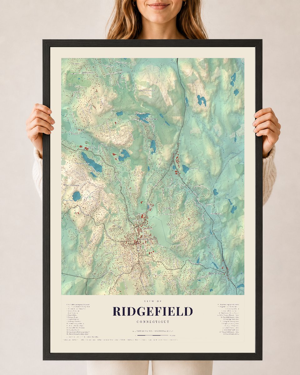 Ridgefield, Connecticut map print, 24 x 36 in black wood frame