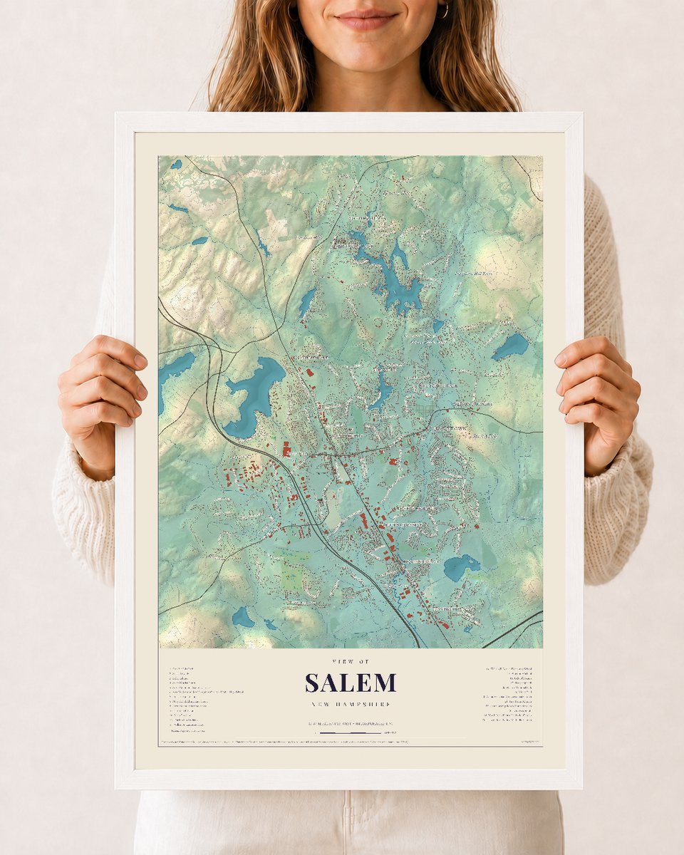 Salem, New Hampshire map print, 12 x 18 in white wood frame