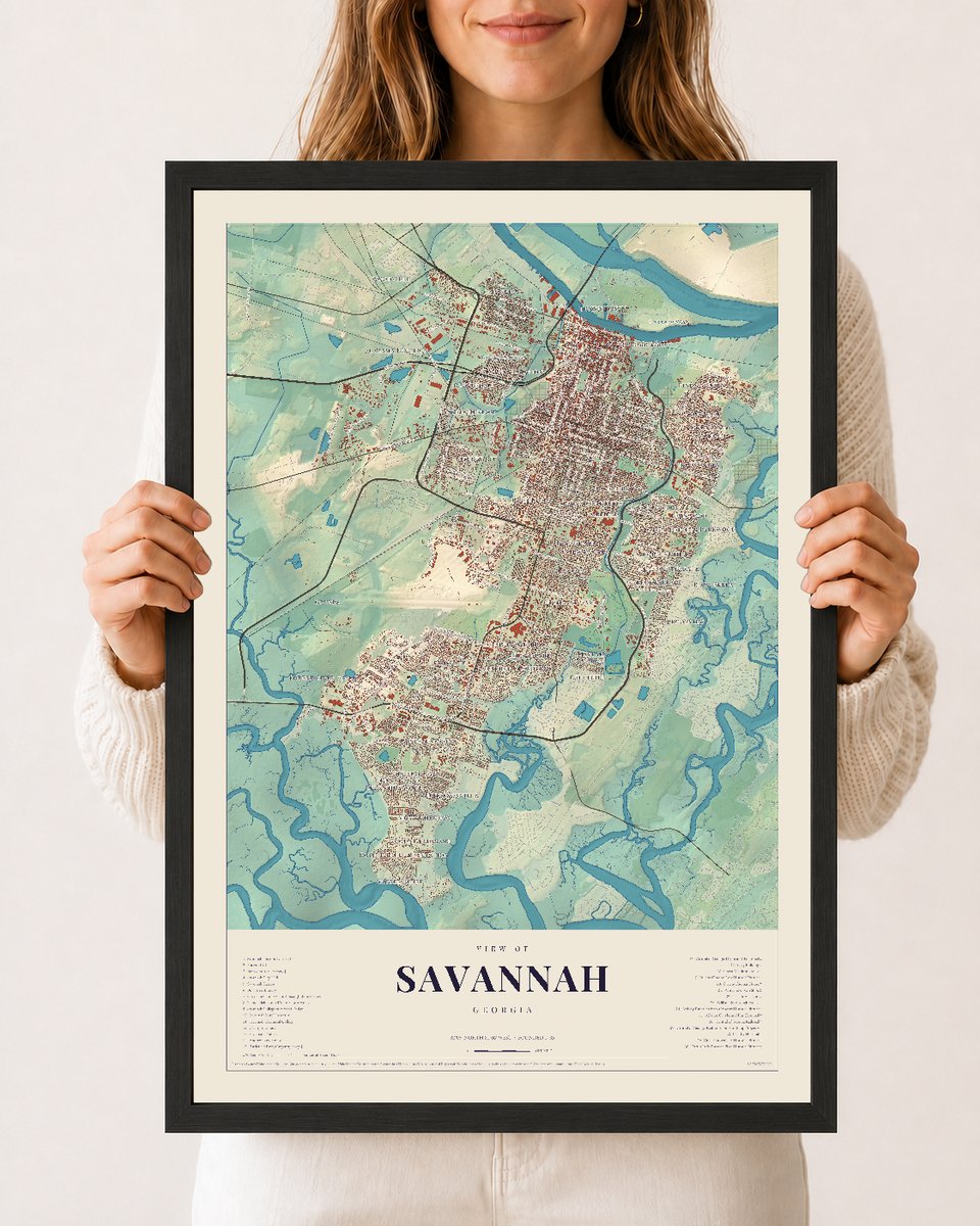 Savannah, Georgia map print, 12 x 18 in black wood frame