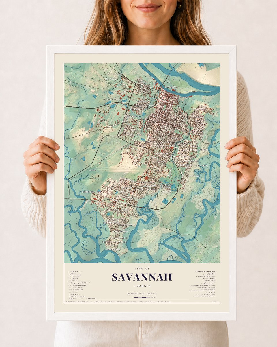 Savannah, Georgia map print, 12 x 18 in white wood frame