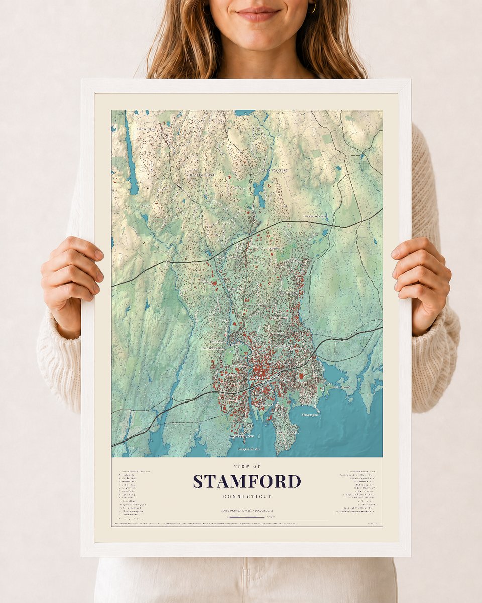 Stamford, Connecticut map print, 12 x 18 in white wood frame