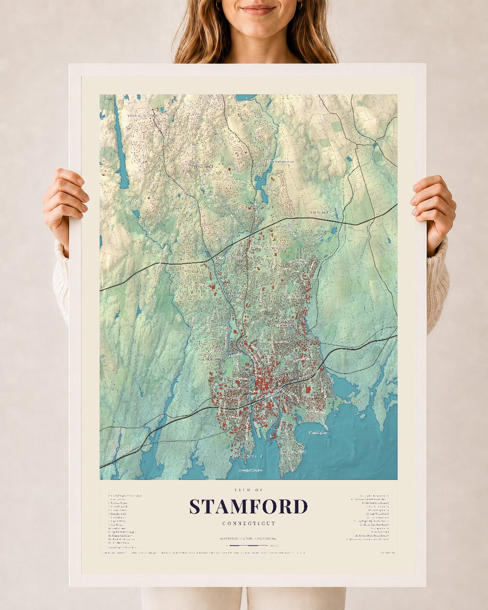 Stamford, Connecticut map print, 24 x 36 in white wood frame