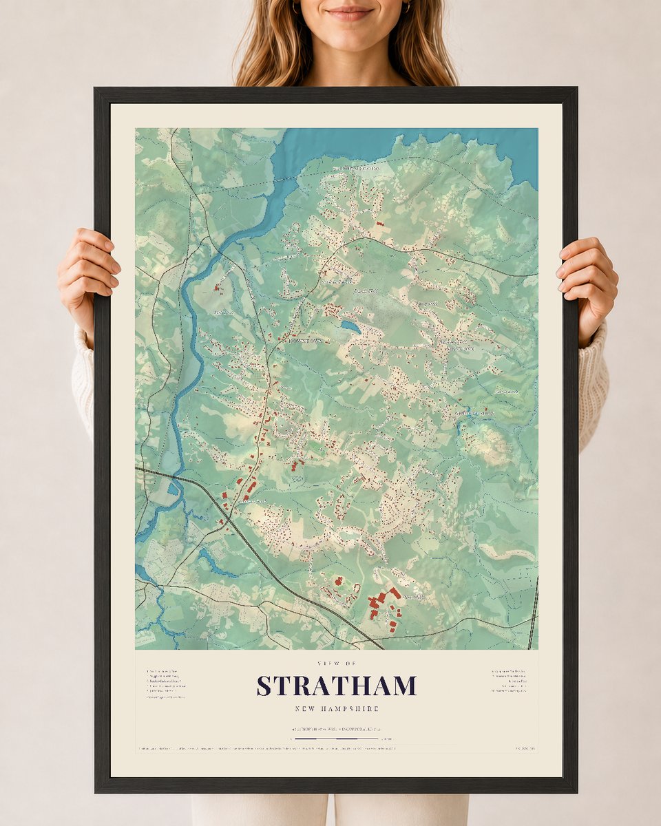 Stratham, New Hampshire map print, 24 x 36 in black wood frame