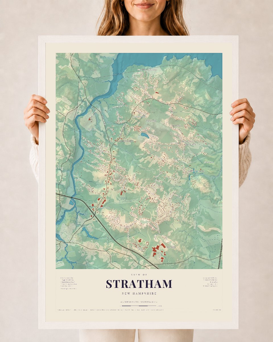 Stratham, New Hampshire map print, 24 x 36 in white wood frame