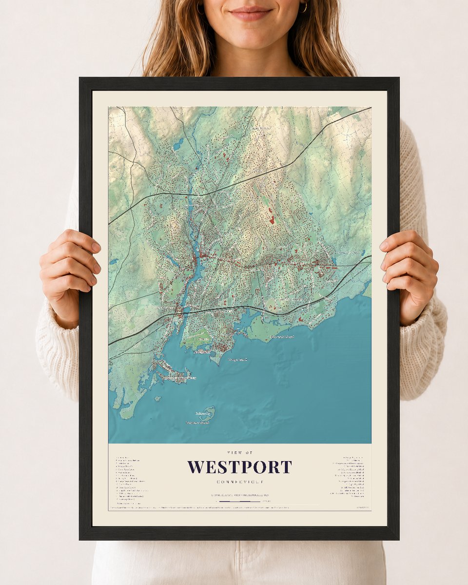 Westport, Connecticut map print, 12 x 18 in black wood frame