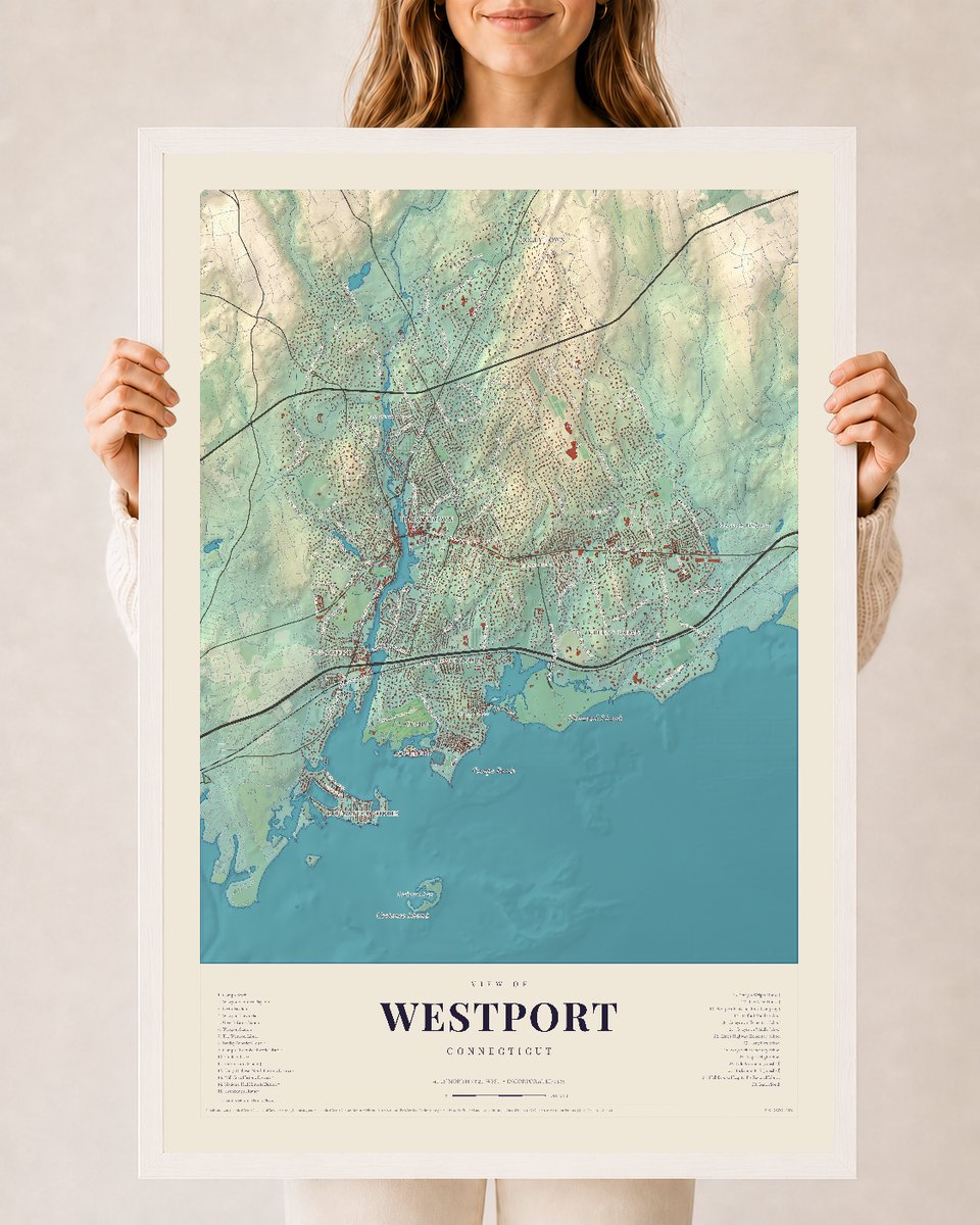 Westport, Connecticut map print, 24 x 36 in white wood frame