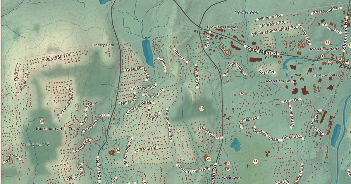 Detailed close-up of the KNOWOL map of Avon, Connecticut