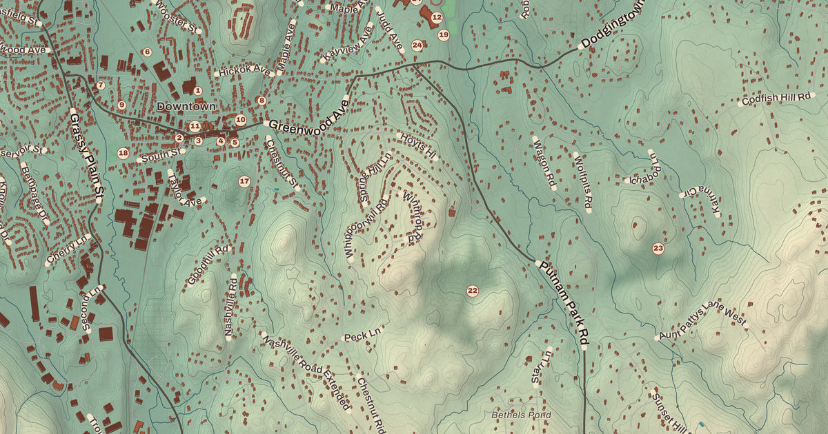 Detailed close-up of the KNOWOL map of Bethel, Connecticut