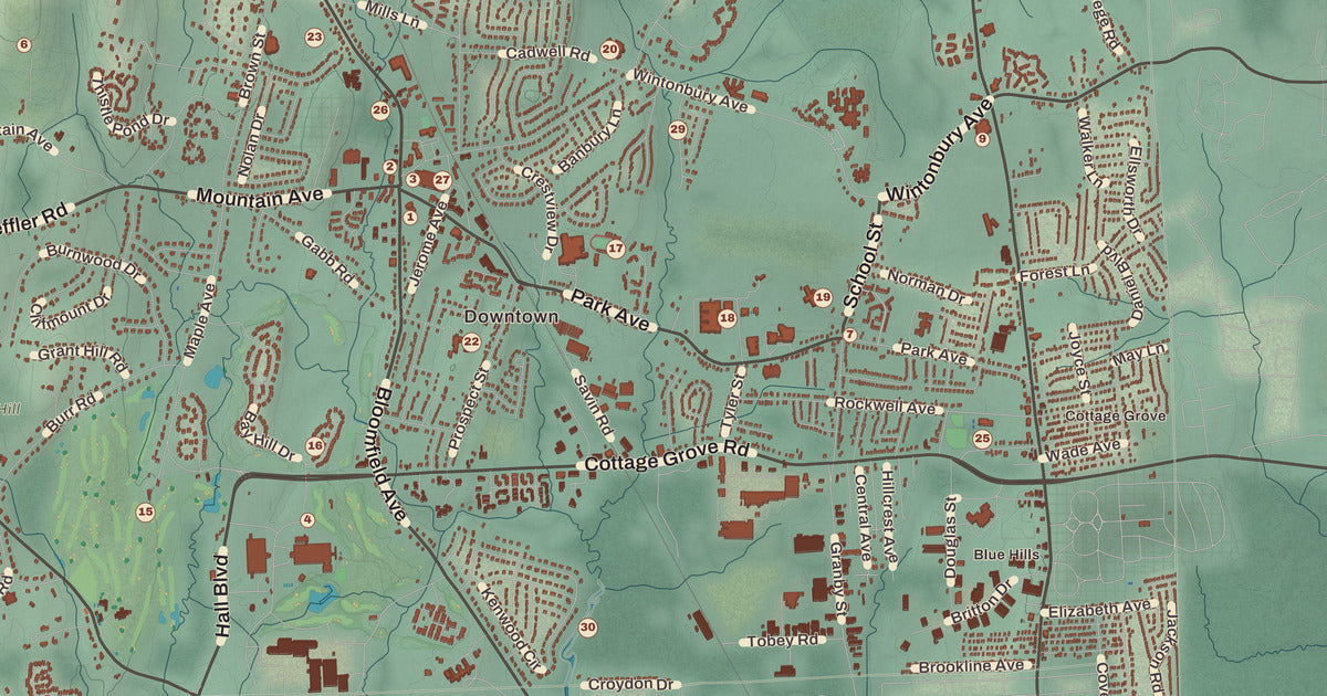 Detailed close-up of the KNOWOL map of Bloomfield, Connecticut