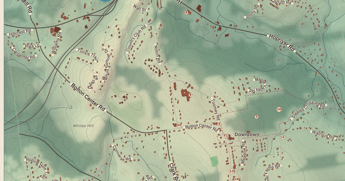 Detailed close-up of the KNOWOL map of Bolton, Connecticut