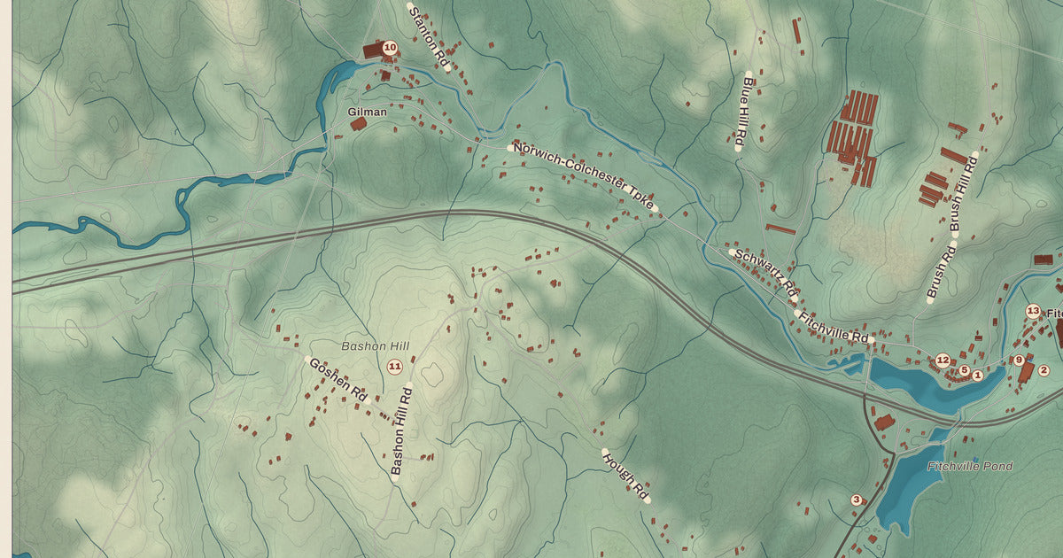 Detailed close-up of the KNOWOL map of Bozrah, Connecticut