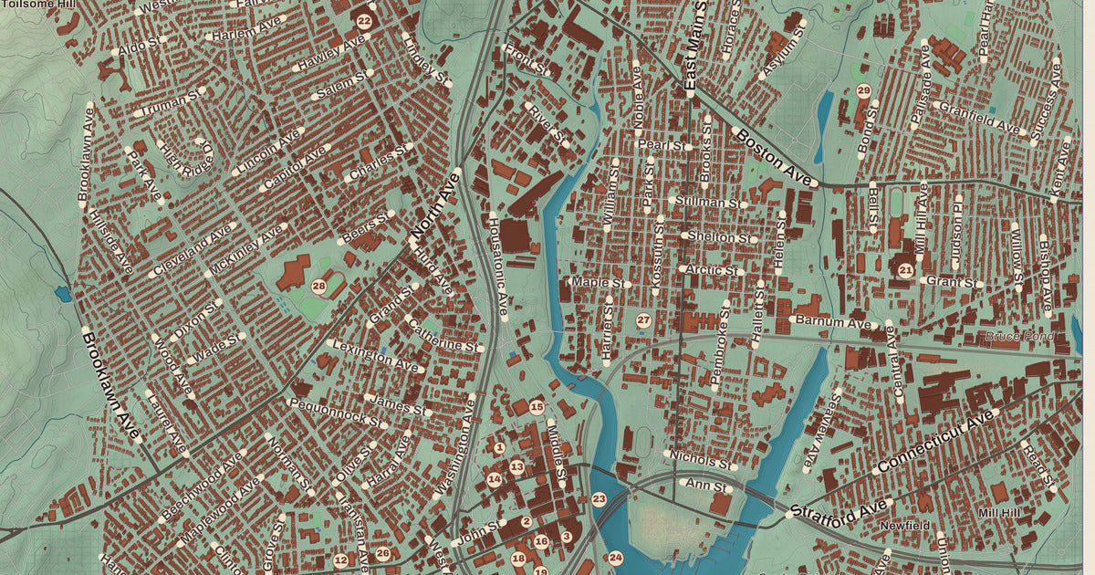 Detailed close-up of the KNOWOL map of Bridgeport, Connecticut