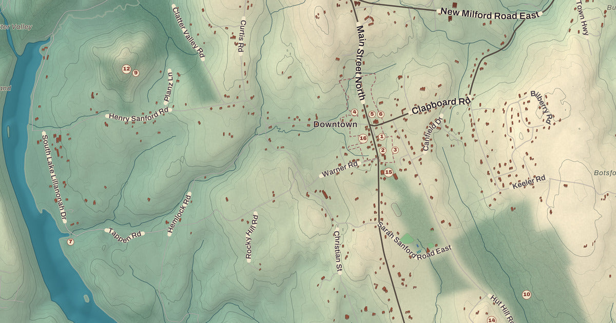 Detailed close-up of the KNOWOL map of Bridgewater, Connecticut