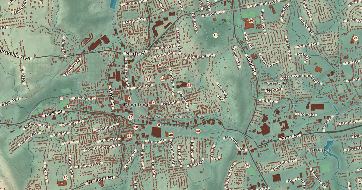 Detailed close-up of the KNOWOL map of Bristol, Connecticut