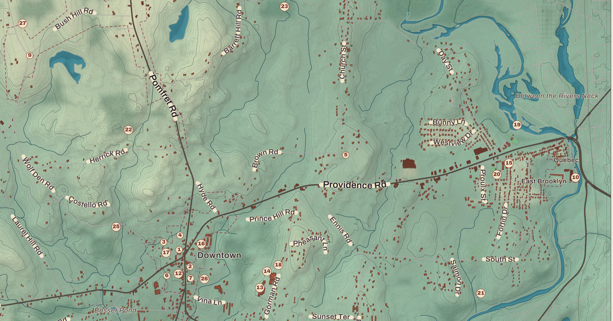 Detailed close-up of the KNOWOL map of Brooklyn, Connecticut