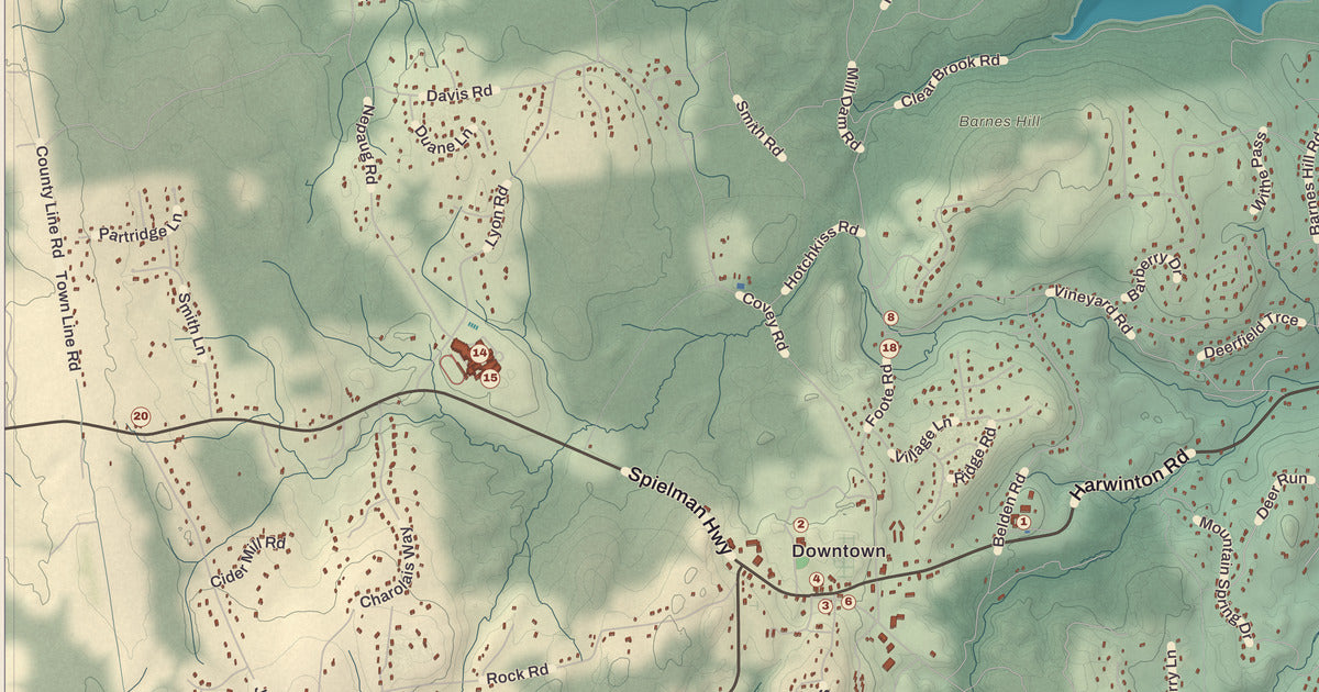 Detailed close-up of the KNOWOL map of Burlington, Connecticut