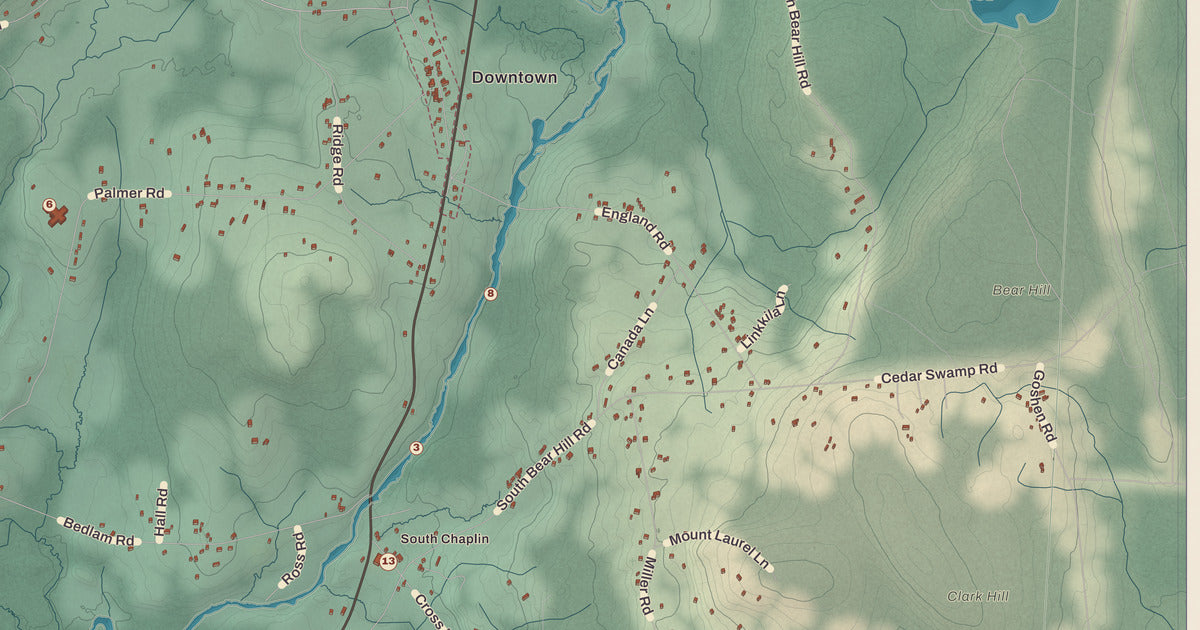 Detailed close-up of the KNOWOL map of Chaplin, Connecticut