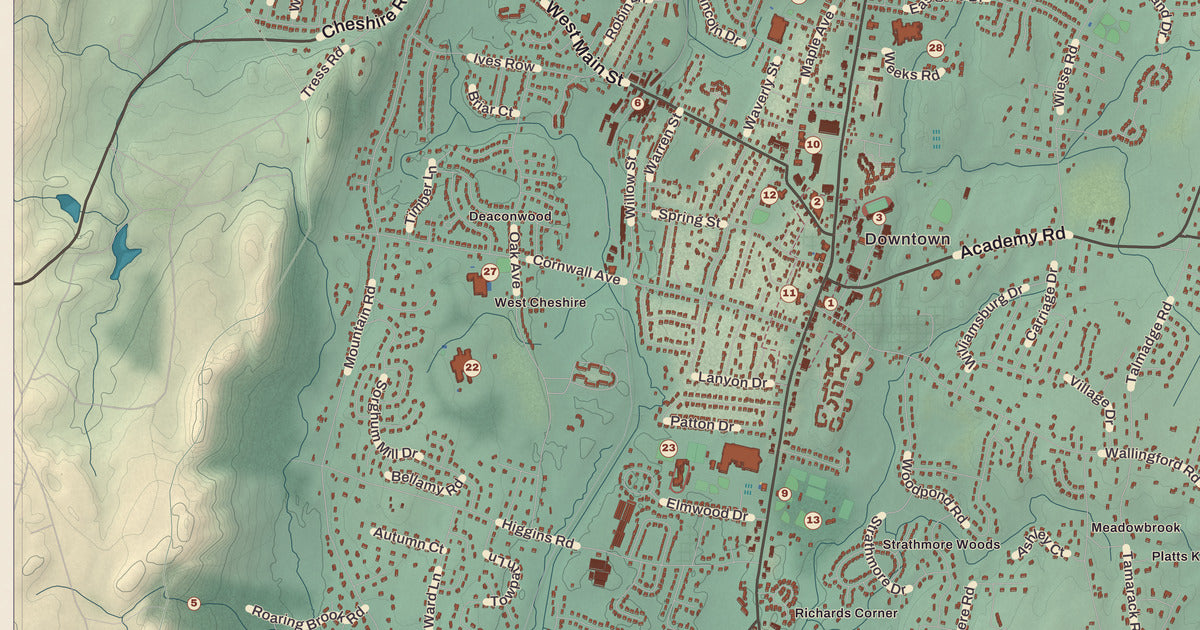 Detailed close-up of the KNOWOL map of Cheshire, Connecticut