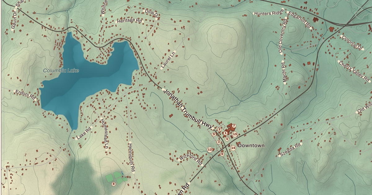 Detailed close-up of the KNOWOL map of Columbia, Connecticut