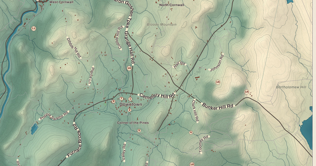 Detailed close-up of the KNOWOL map of Cornwall, Connecticut