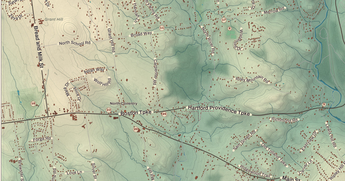 Detailed close-up of the KNOWOL map of Coventry, Connecticut