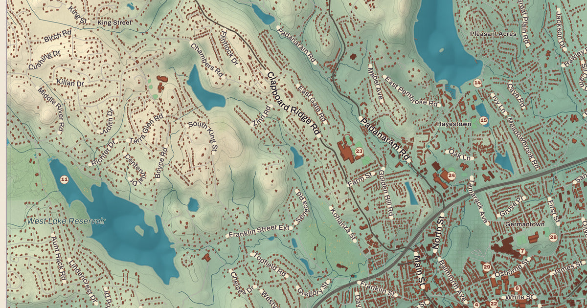 Detailed close-up of the KNOWOL map of Danbury, Connecticut