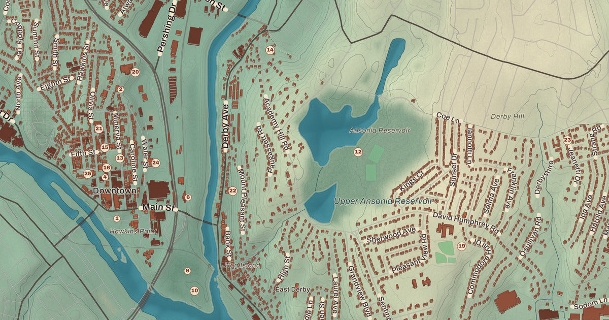 Detailed close-up of the KNOWOL map of Derby, Connecticut