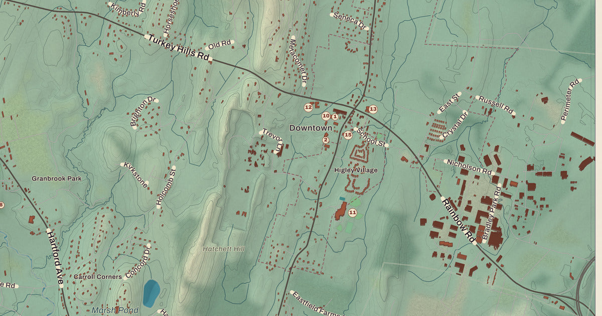 Detailed close-up of the KNOWOL map of East Granby, Connecticut