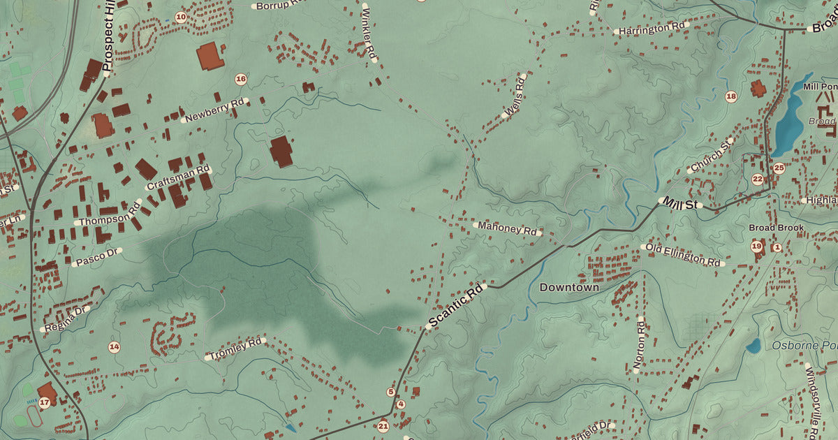 Detailed close-up of the KNOWOL map of East Windsor, Connecticut