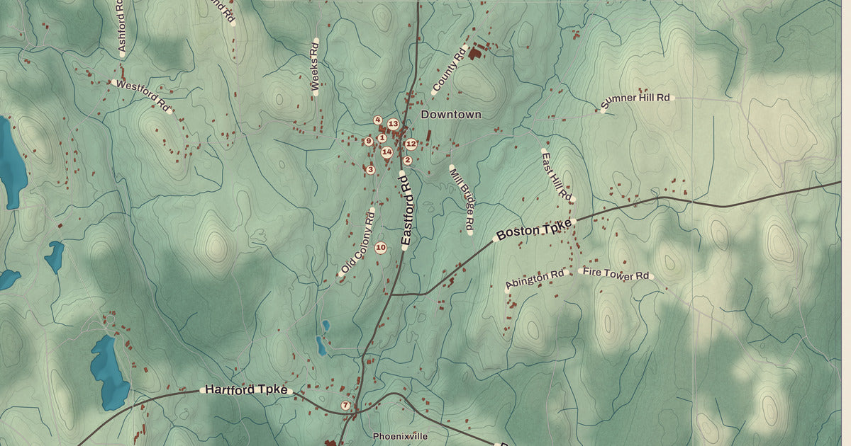Detailed close-up of the KNOWOL map of Eastford, Connecticut