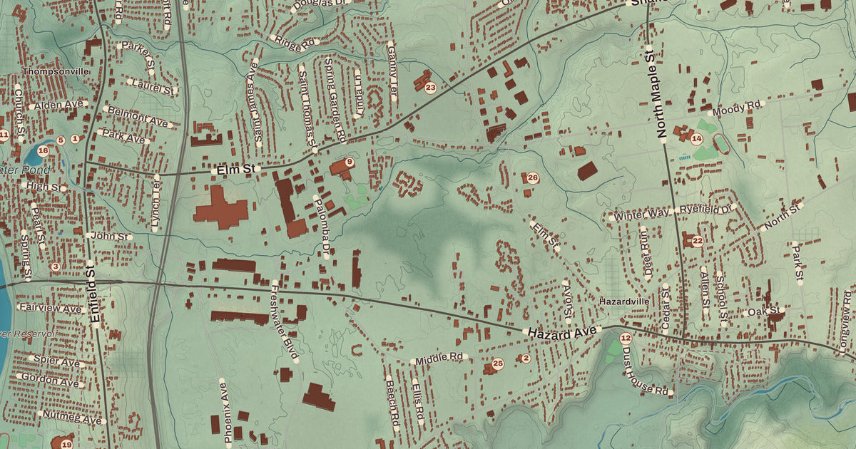 Detailed close-up of the KNOWOL map of Enfield, Connecticut