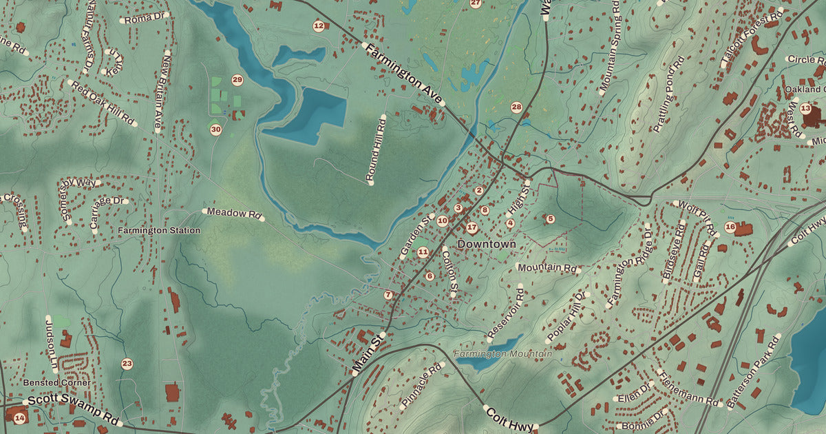 Detailed close-up of the KNOWOL map of Farmington, Connecticut
