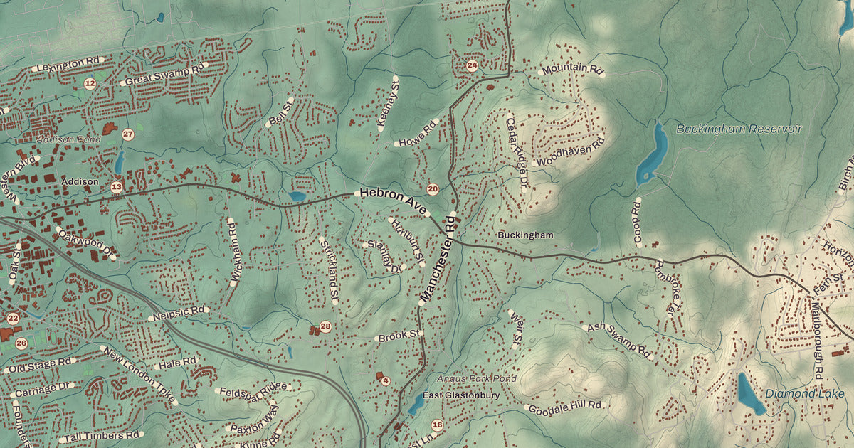 Detailed close-up of the KNOWOL map of Glastonbury, Connecticut